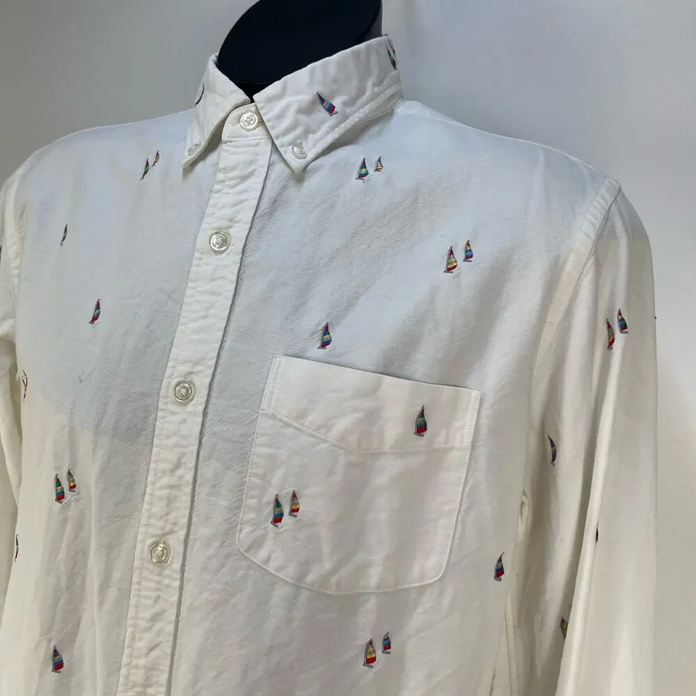 J. Crew Oxford White Embroidered Sailboat Button Down Slim Shirt Cotton